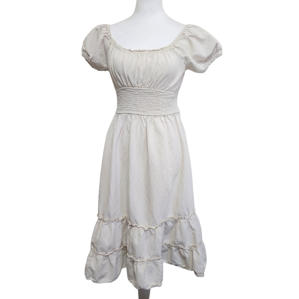 Milk Maid Cottagecore Dress MED Cream Midi Smocked Prairie Boho Peasant
